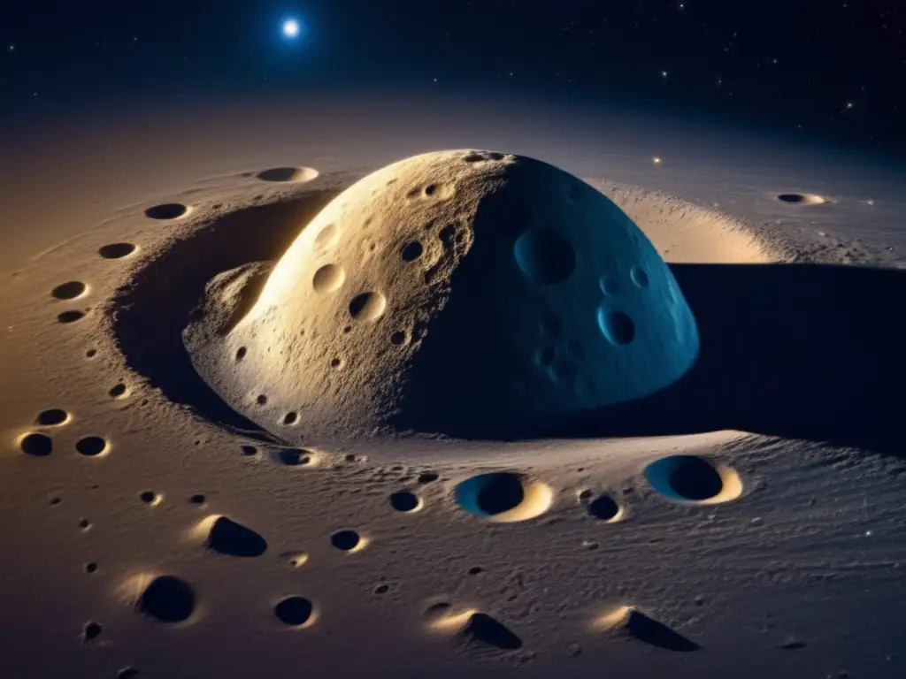 Mysteriously towering asteroid, Hera, illuminated by distant sun's dim glow, boasts intricate pockmarks and swirling natural patterns on its sinuously contoured surface
