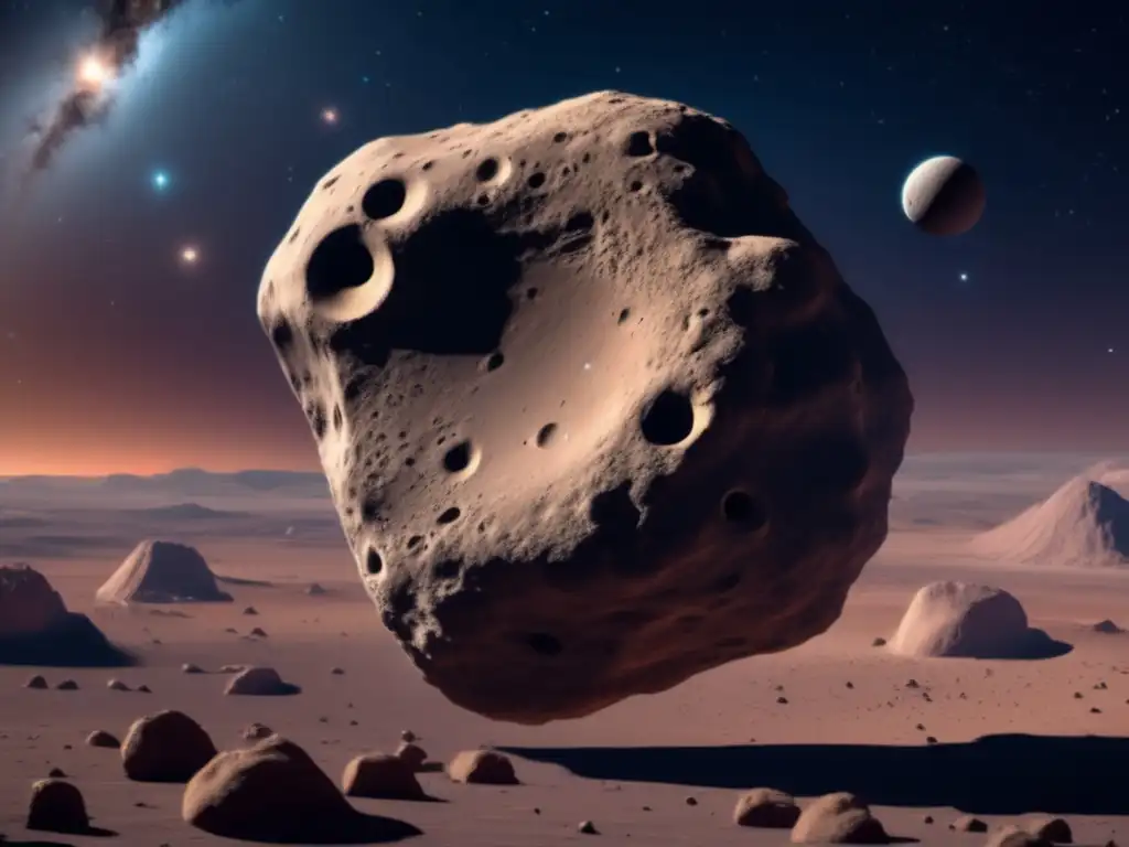 Hera, the asteroid, dominates this stunning photorealistic depiction, set against a backdrop of swirling space debris