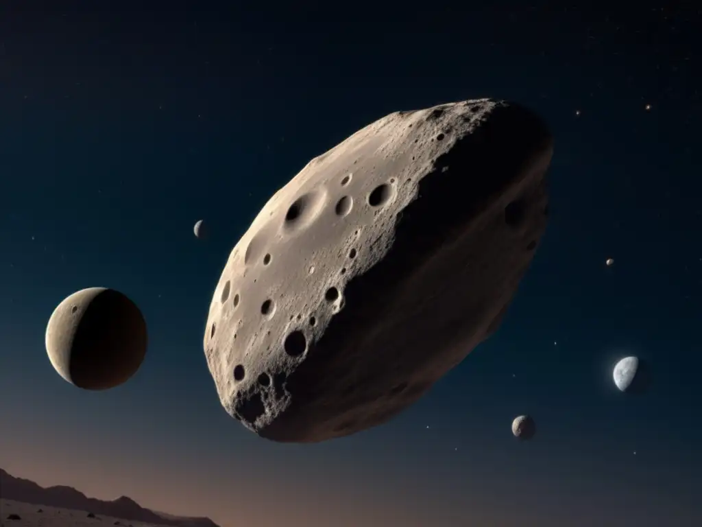 Hera, the colossal grey sphere asteroid, orbits above a rugged planet or moon, showcasing its cratered surface and eye-catching structure