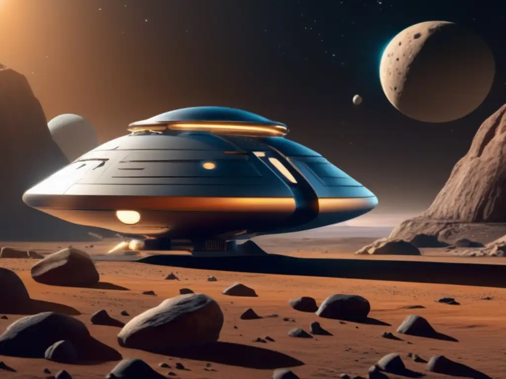 Dreamscape - A majestic spaceship hovers above a rocky asteroid, casting a shadow on its metallic exterior