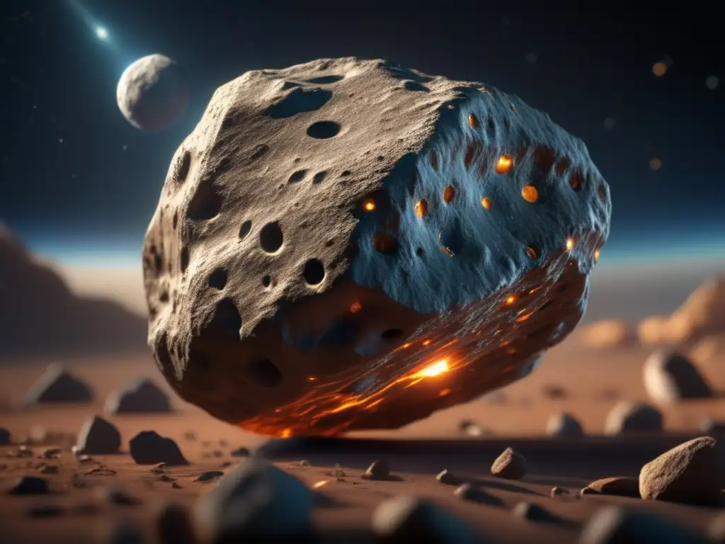 A stunning closeup of Hermes, the asteroid, with intricate details and textures showcasing its rocky surface and irregular shape captured from a low-angle perspective