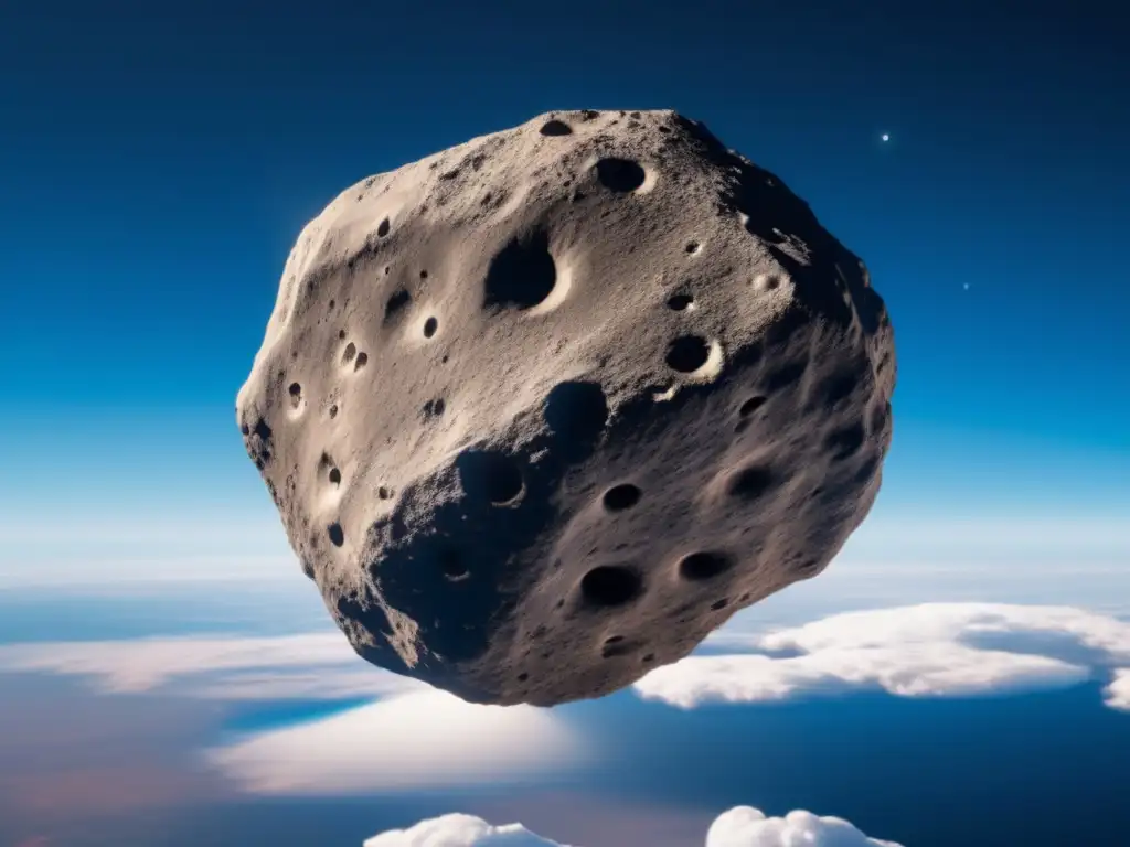 Captivating view of the asteroid Hector in stunning detail, floating against the azure sky, illuminated by the sun's golden rays