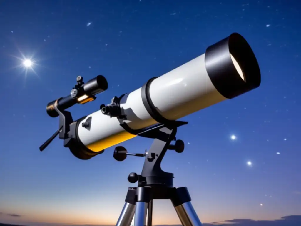 A stunning close-up of a Dobsonian telescope, its powerhouse lamp shining into the center, atop a sturdy tripod with a visible counterweight mechanism