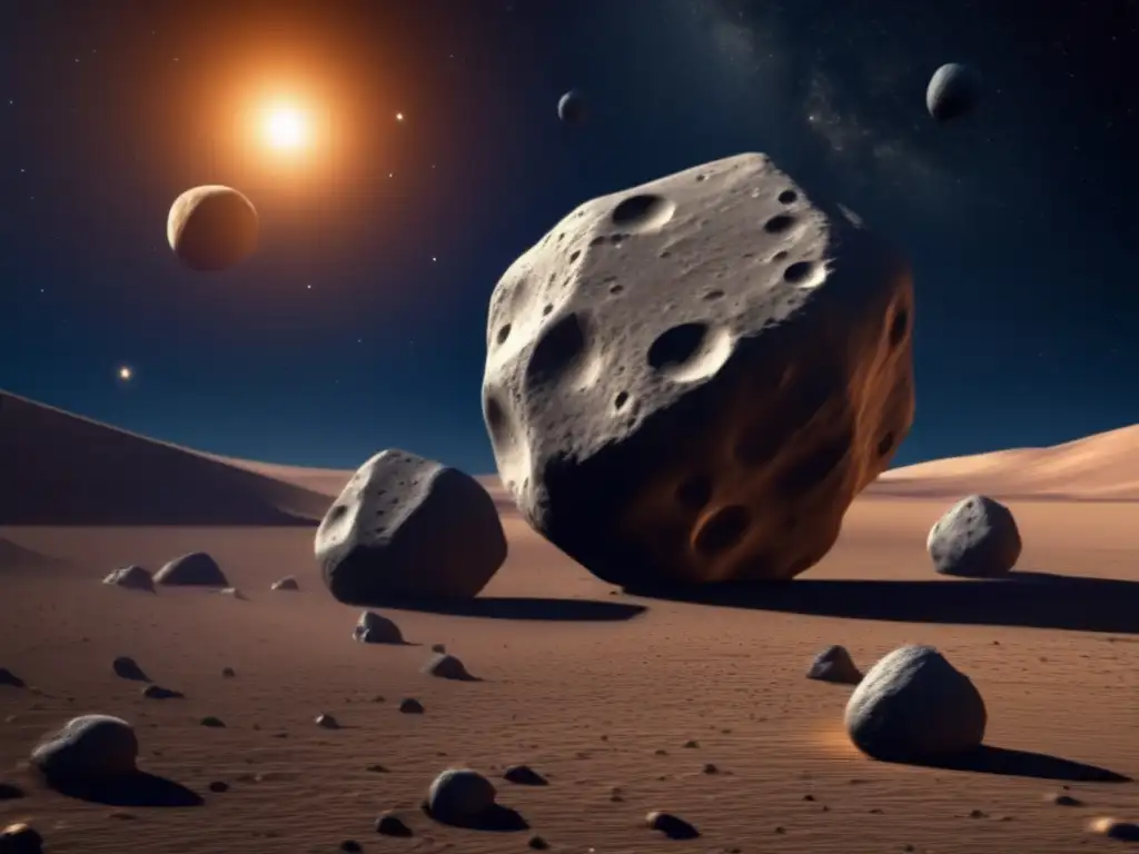 A highly detailed photorealistic image of a binary asteroid system, Didymos and Dimorphos, showcasing intricate surface features and compositions