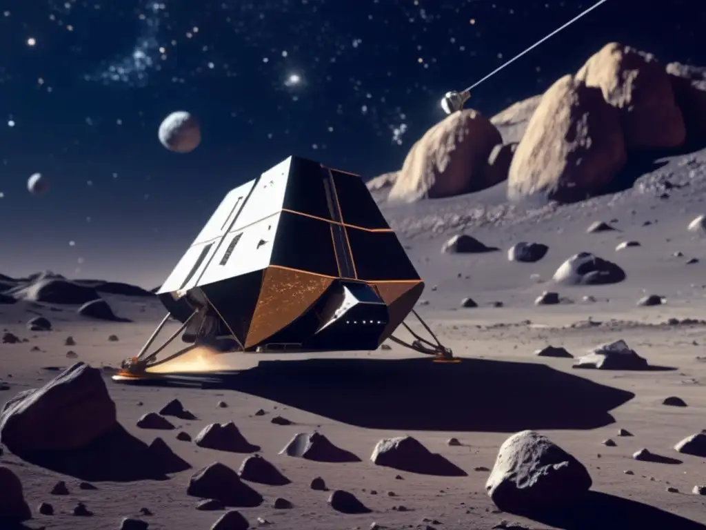 Dash: - A breathtaking image of a spacecraft examining an awe-inspiring asteroid, with its jagged surface revealing details of past impacts