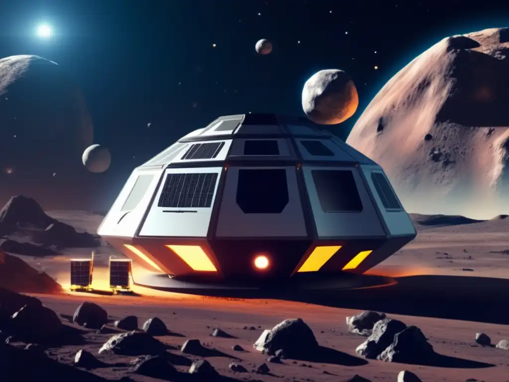 A stunning photorealistic image of a futuristic asteroid mining facility in space, teeming with technological advancements and challenges