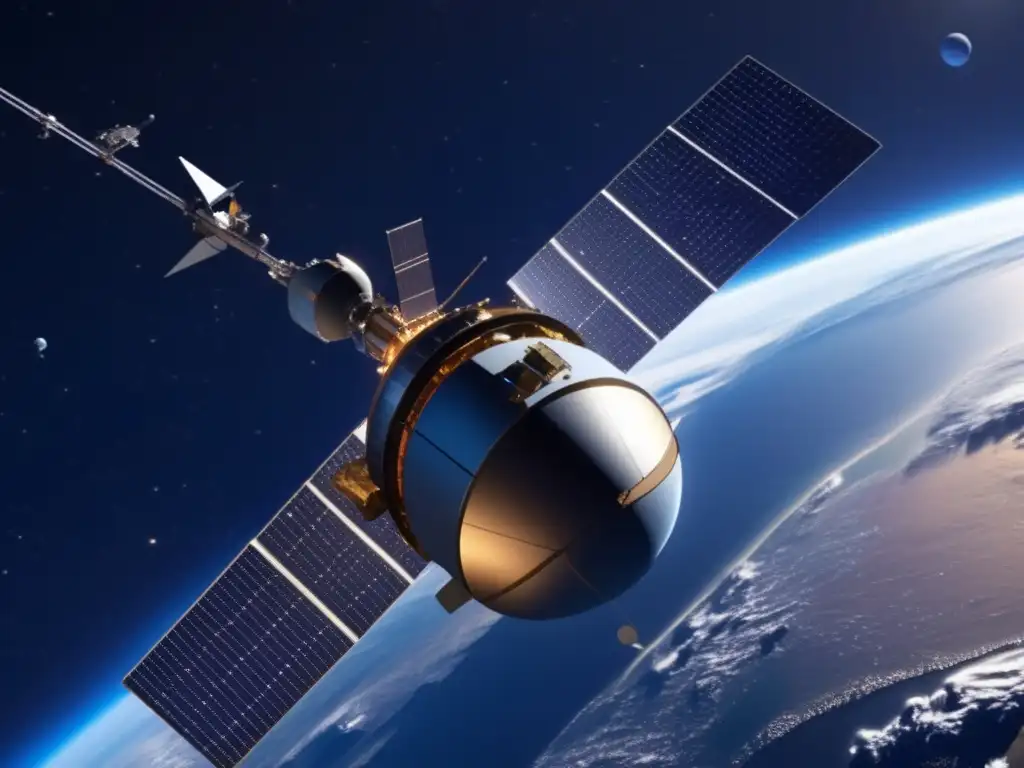 A breathtaking photorealistic depiction of a satellite bravely orbiting Earth, captured from a bird's-eye view