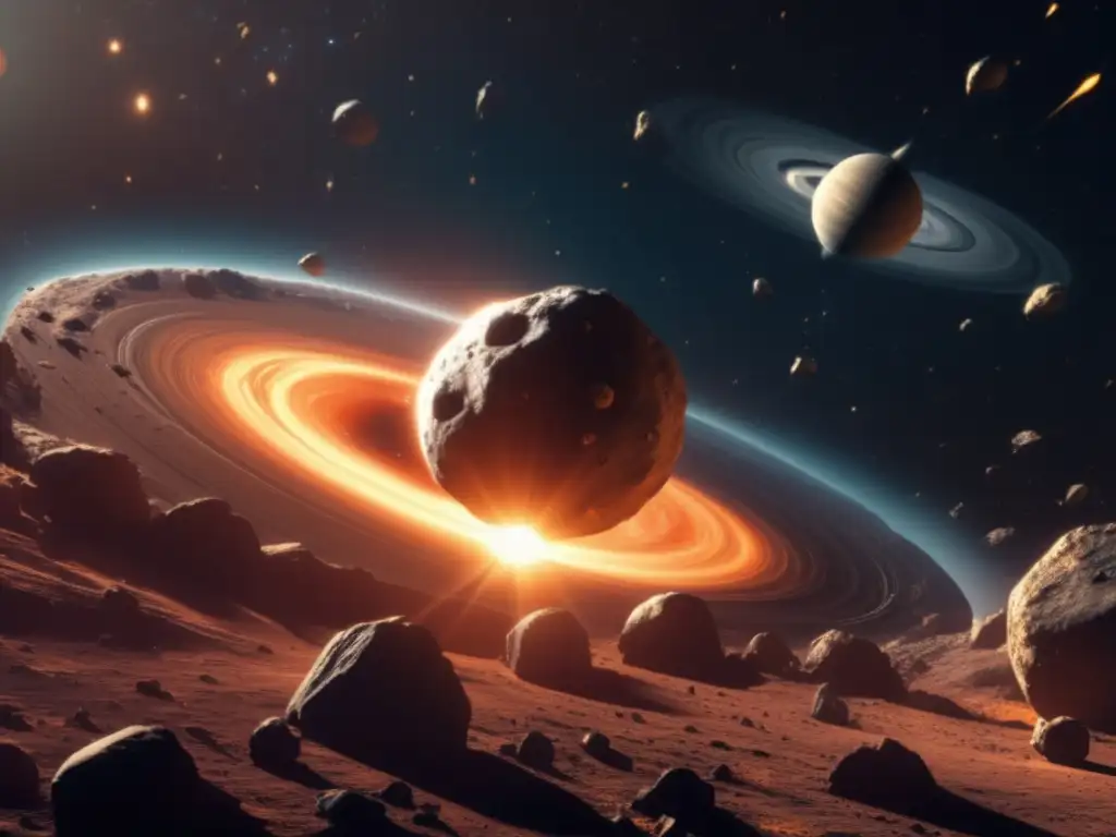 Photorealistic Spacecraft's Thrilling Asteroid Belt Entry into Hilda - A breathtaking 8k resolution image of a spacecraft soaring through the asteroid belt of Hilda, bathed in the bright light of a clear sun