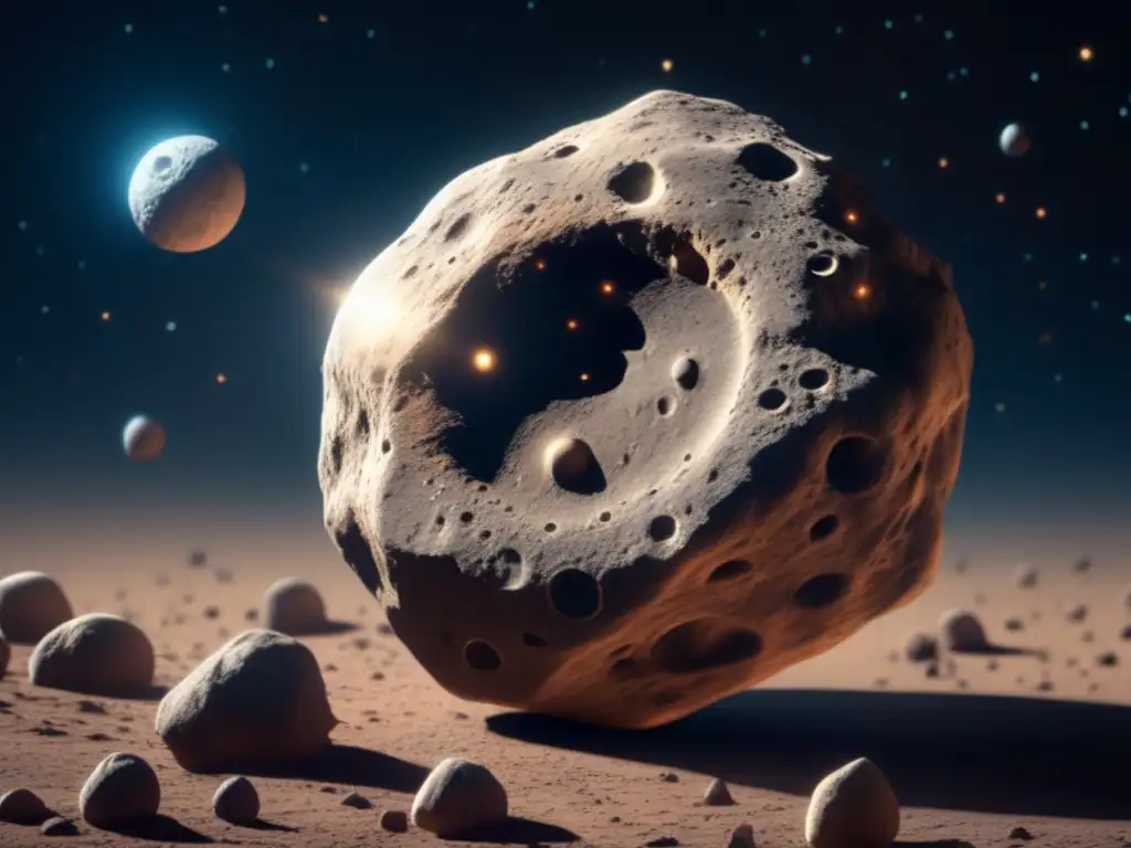 Stunning Closeup of Hilda Asteroid Dash: A stunning photorealistic closeup of Hilda asteroid, with intricate detail showcasing its moons and rugged surface features