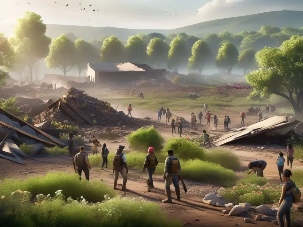 A post-apocalyptic reality emerges from the ashes of destruction, as resilient survivors labor to clear debris and rebuild