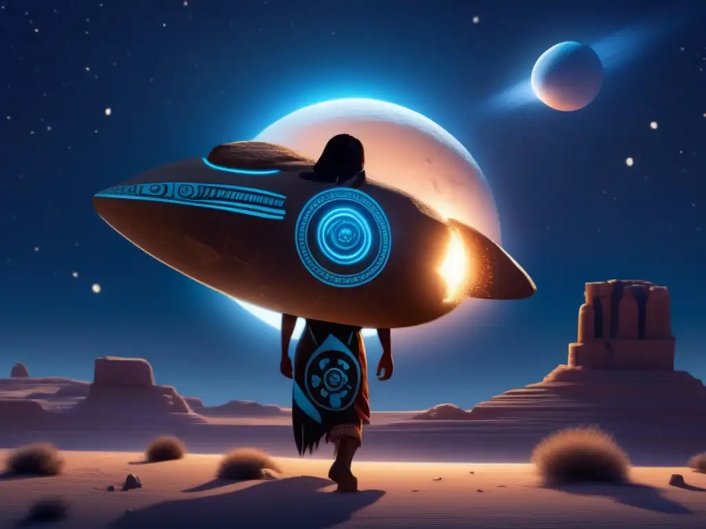 Hopi Asteroid Warrior: Cosmic Carrier of Mystical Power A mystical Hopi character bravely carries an otherworldly asteroid, radiating with an intense blue glow