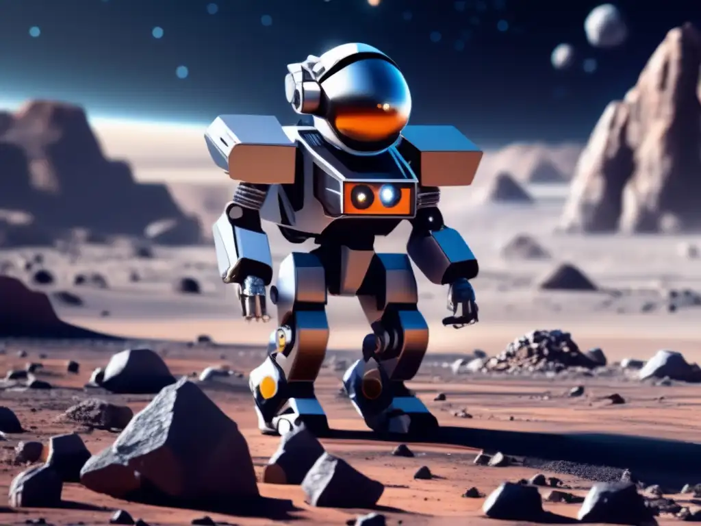 A human-robot hybrid boldly collects mineral resources from the depths of an asteroid, its advanced mining tools scaling rocky surfaces with precision
