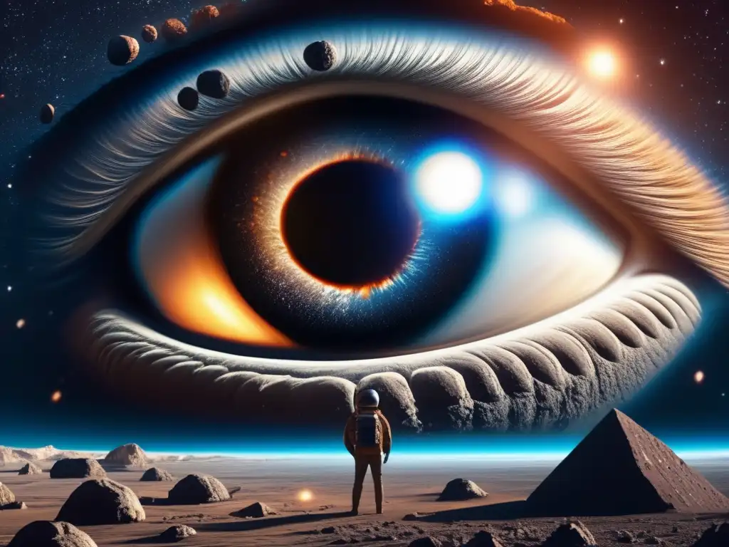A photorealistic depiction of a human eye staring intently at an asteroid in space, emphasizing the asteroid's intricate details and texture