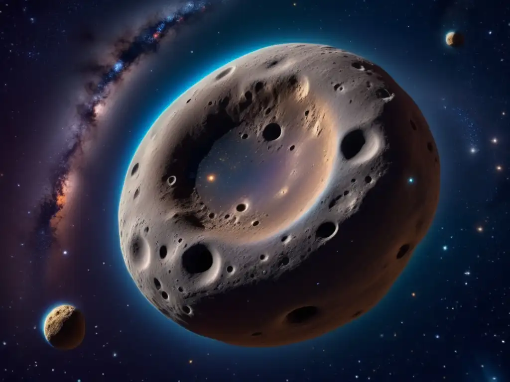 Hygiea, the fourth largest asteroid in the main belt, surrounded by a cosmic environment with galaxies and nebulae in the background