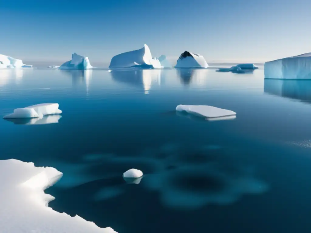 Crisp, glistening blue ice formations dominate this photo of Antarctica, with visible craters from a past asteroid strike in the background