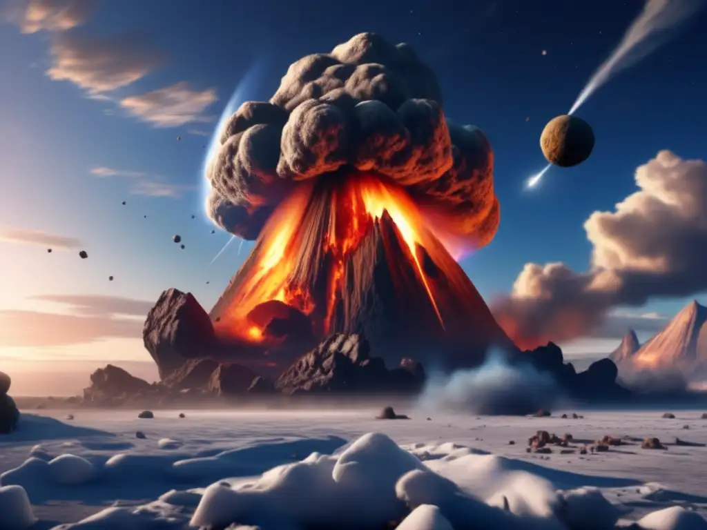 Ice Age Asteroid Impact: Giant Rocky Object Tearing Earth Apart A haunting photorealistic image of an asteroid smashing into Earth during the Ice Age, causing chaos and destruction
