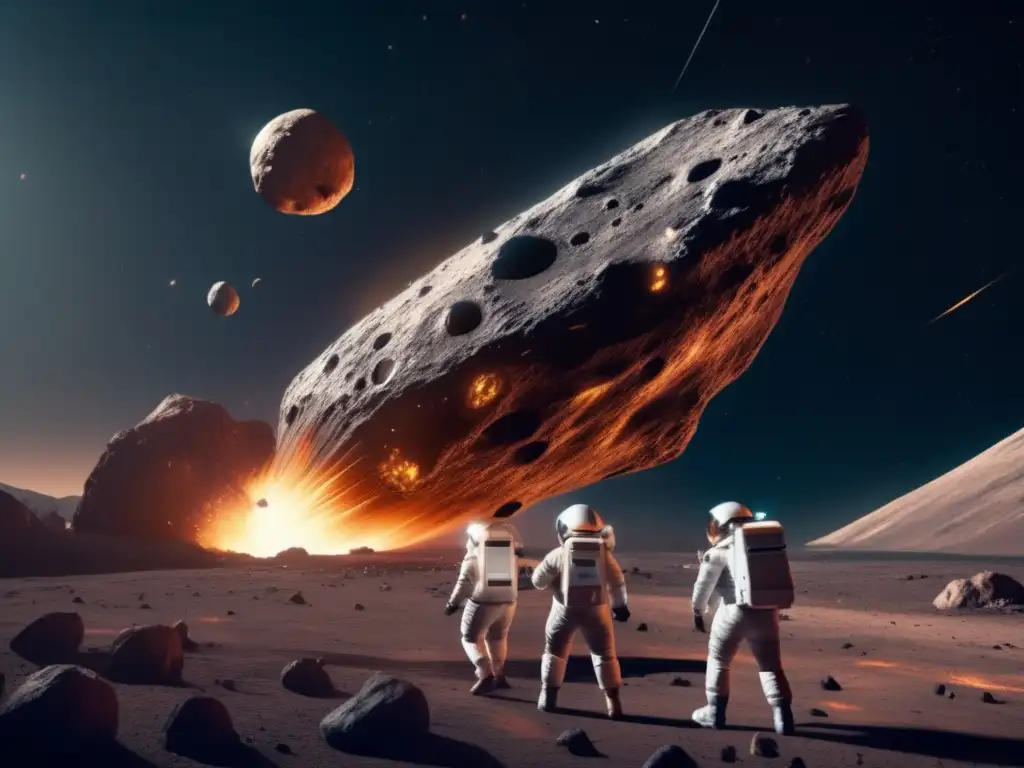 An intense team of astronauts in protective gear ready to deflect the threatening asteroid hovering in space