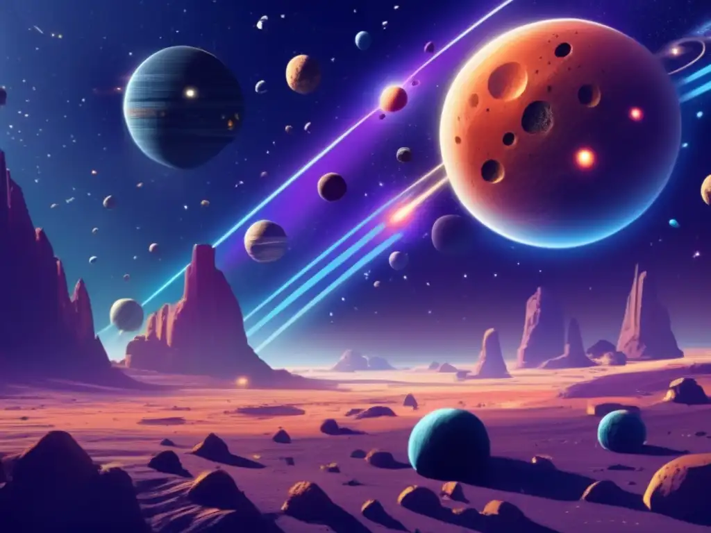 A breathtaking photorealistic image of an asteroid belt with planets hosting diverse alien life forms