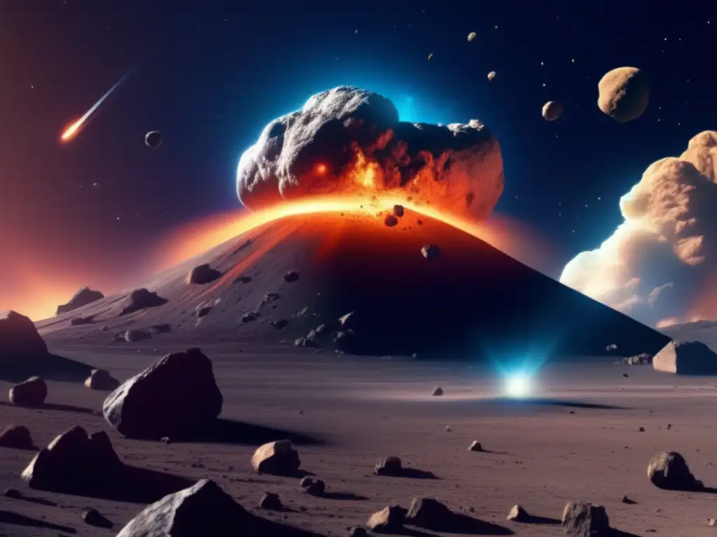 A photorealistic image of a massive asteroid collision, showcasing a closeup of the ejecta and impactites against a stark cosmic background