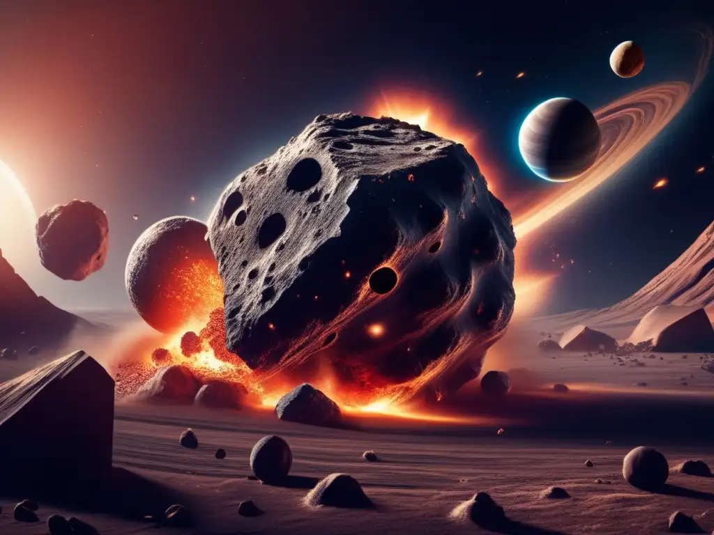 An eerie closeup of an asteroid colliding with a planet, with visible impact craters and swirling dust, evoking a sense of destruction and chaos