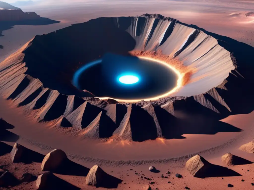 A photorealistic depiction of a devastating impact crater, with jagged cliffs and fissures extending beyond the crater's center