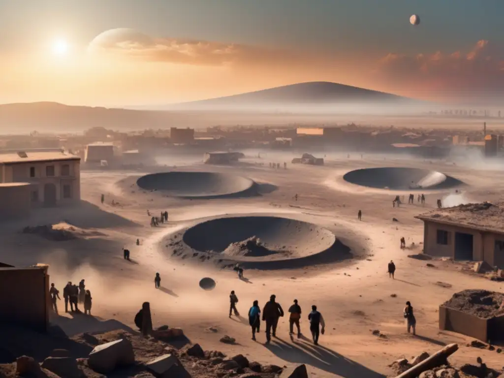 Overhead view of a postasteroid impact site: destruction and rebirth in a post-apocalyptic world