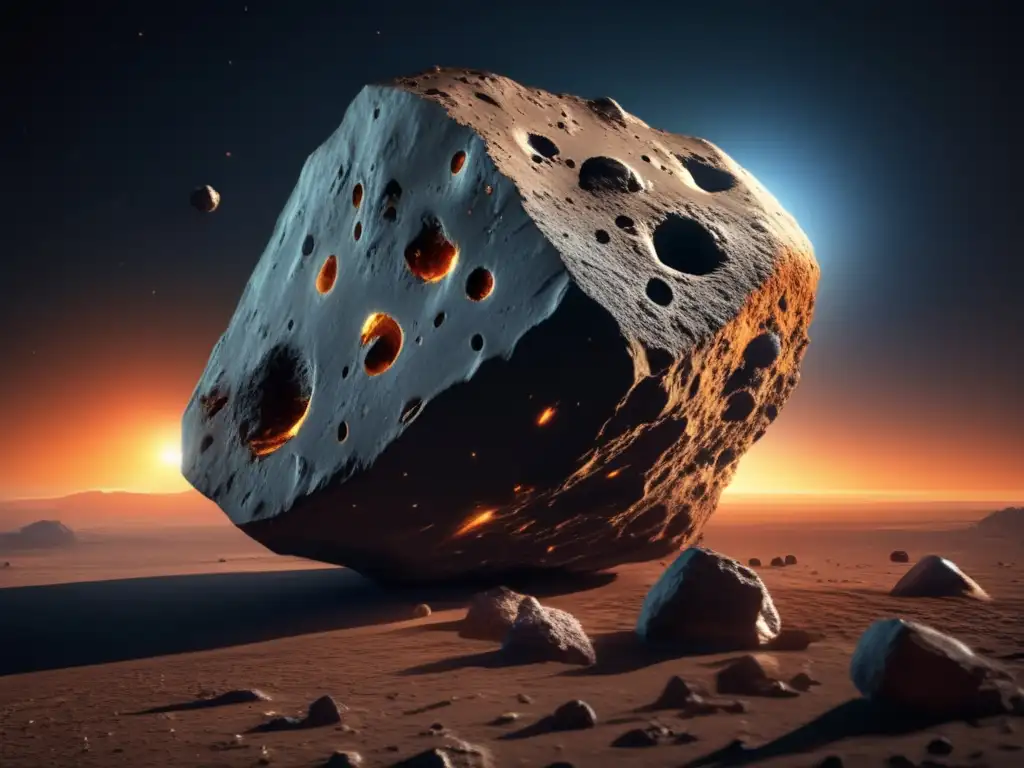 A stunning photorealistic asteroid with an impact crater looms in the distance, illuminated by dynamic lighting and sporting a range of textures