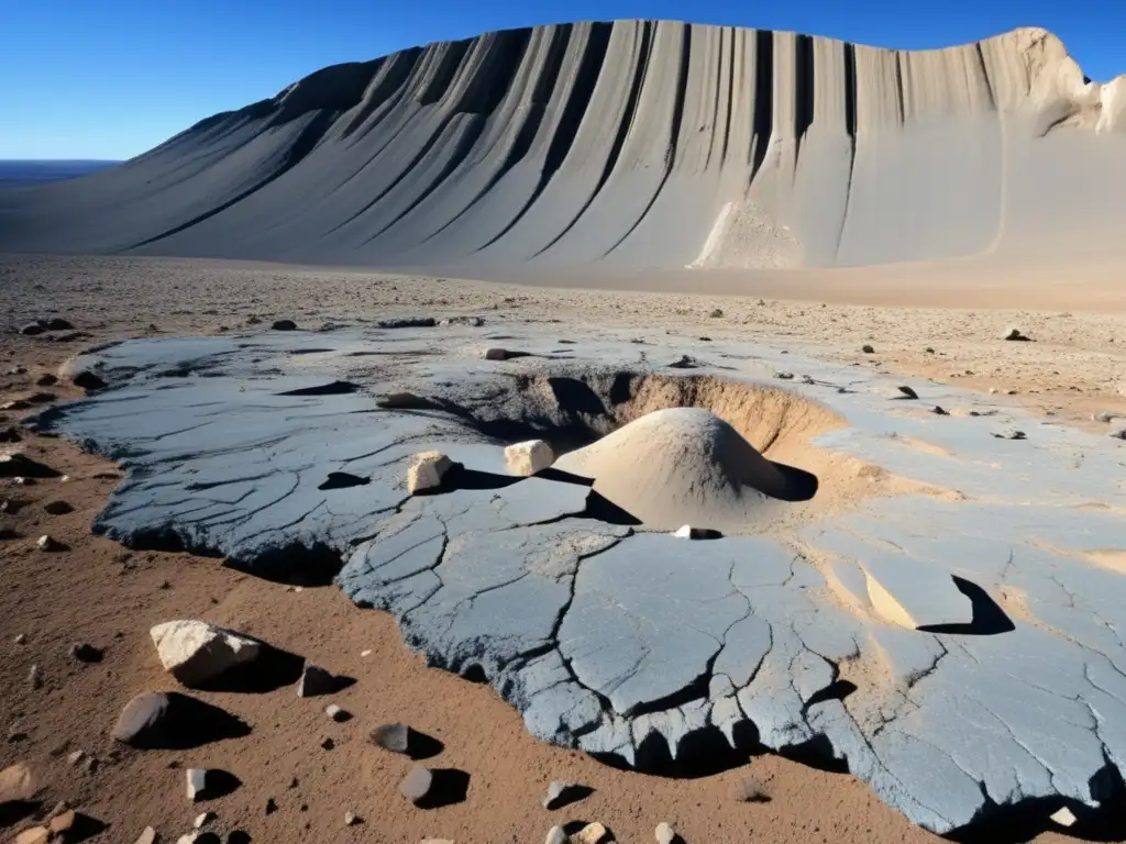 A stunning photorealistic depiction of a massive impact breccia, with complex fracturing and intricate textures, surrounded by a field of sediment and debris