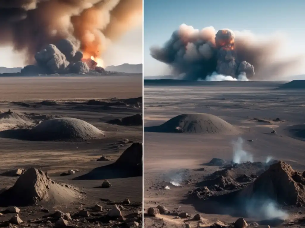 Asteroid Impact: Barren Landscape from Ruins A devastating asteroid impact has left this once lush landscape barren and desolate