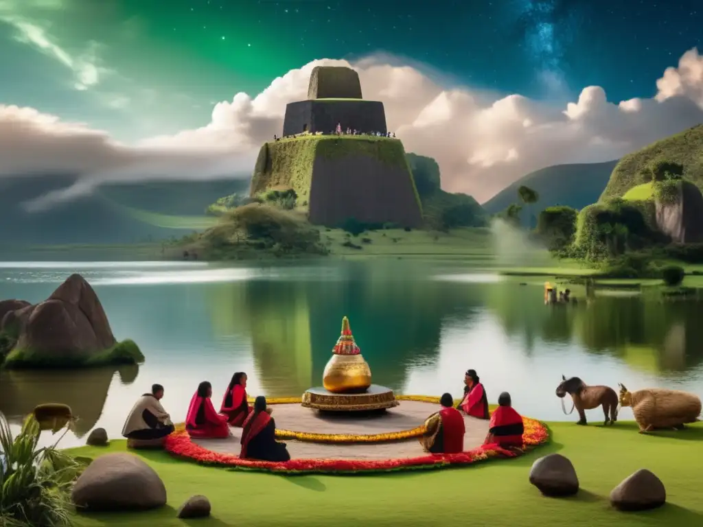 Incas Rite atop a Celestial Lake with Cosmic Asters in the Background Incas priests performing rituals at a lush, green lake surrounded by towering peaks, under a starry sky filled with clouds and asteroids