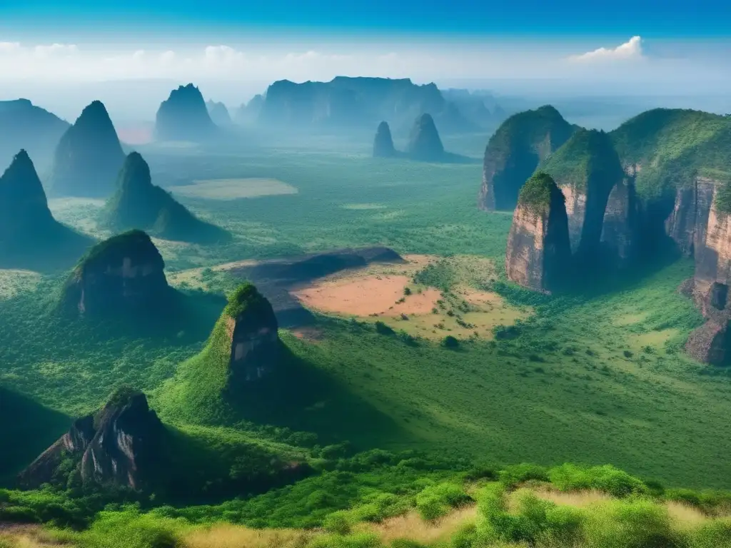 A stark and desolate image of the Indian Deccan Traps region's rugged landscape, with jagged cliffs and rock formations visible in the distance, surrounded by a dense forest