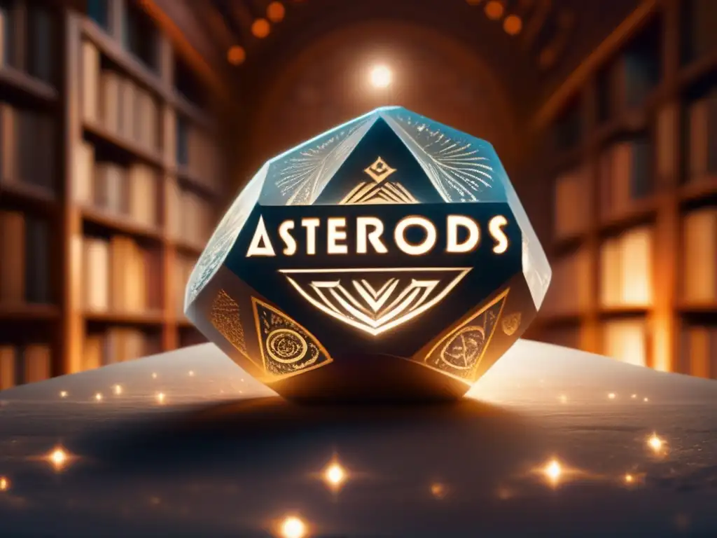 An otherworldly crystal asteroid glows softly, its intricate Indian text symbol patterns illuminating the scene