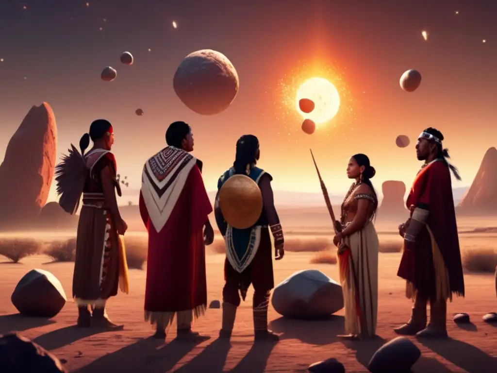 Indigenous warriors stand proudly in an open plains area, surrounded by gigantic asteroids