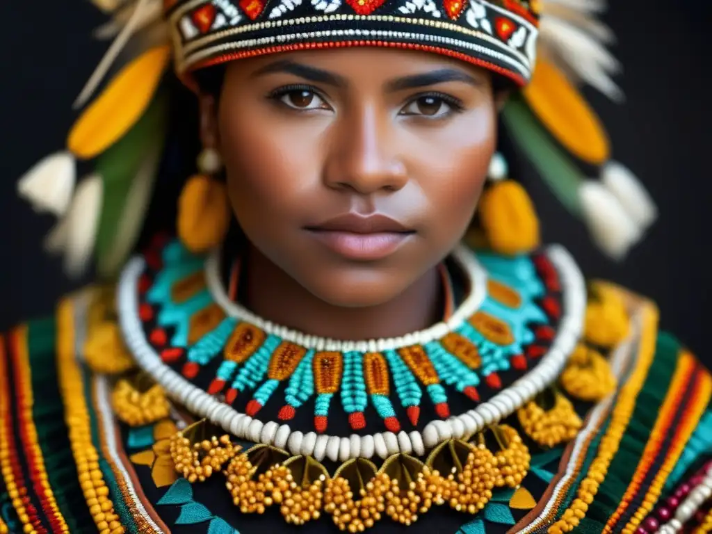 Vibrant folk costume from Brazil, showcasing intricate beadwork and patterns against a black backdrop, capturing the essence of Indigenous heritage