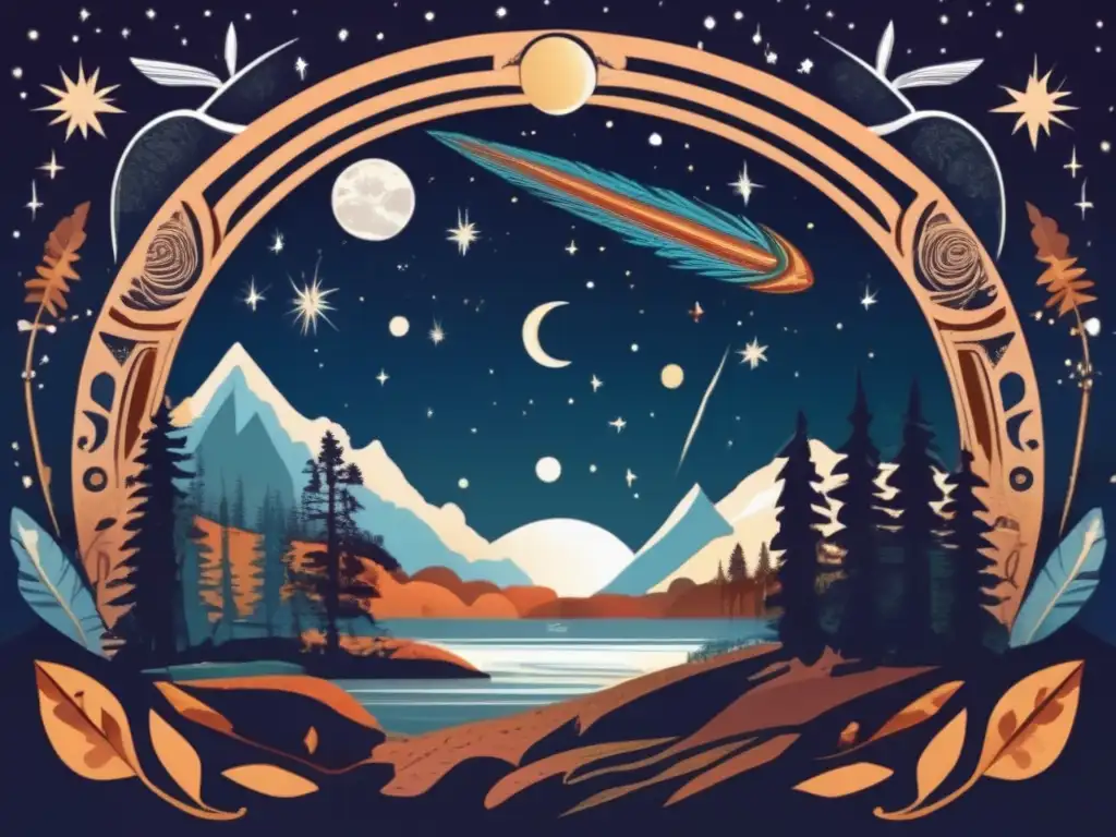 Celestial Wonders Clash with Modernity: Indigenous People Gaze in Awe at Pacific Northwest's Natural Beauty A photorealistic and ultradetailed image of the Pacific Northwest, following a narrow band of red-hot fragments dropping from the sky, expands between layers of lush forest and towering mountain ranges
