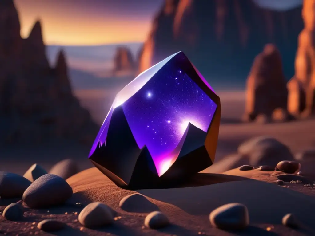 A meteorite with indigo and purple stars, swirling incandescent flames on indigo brown rocky background - Empty
