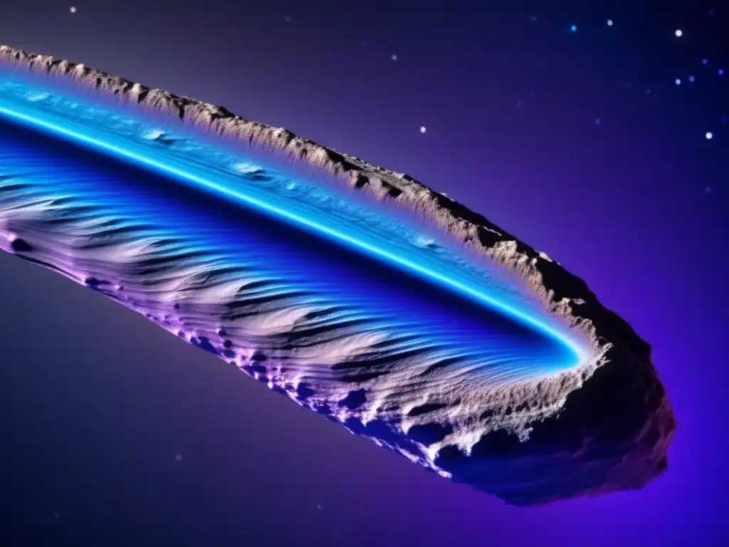 Celestial Gems: Iridescent Interstellar Asteroid Photograph An abstract photograph of an interstellar asteroid, with intricate patterns and ridges covering its surface
