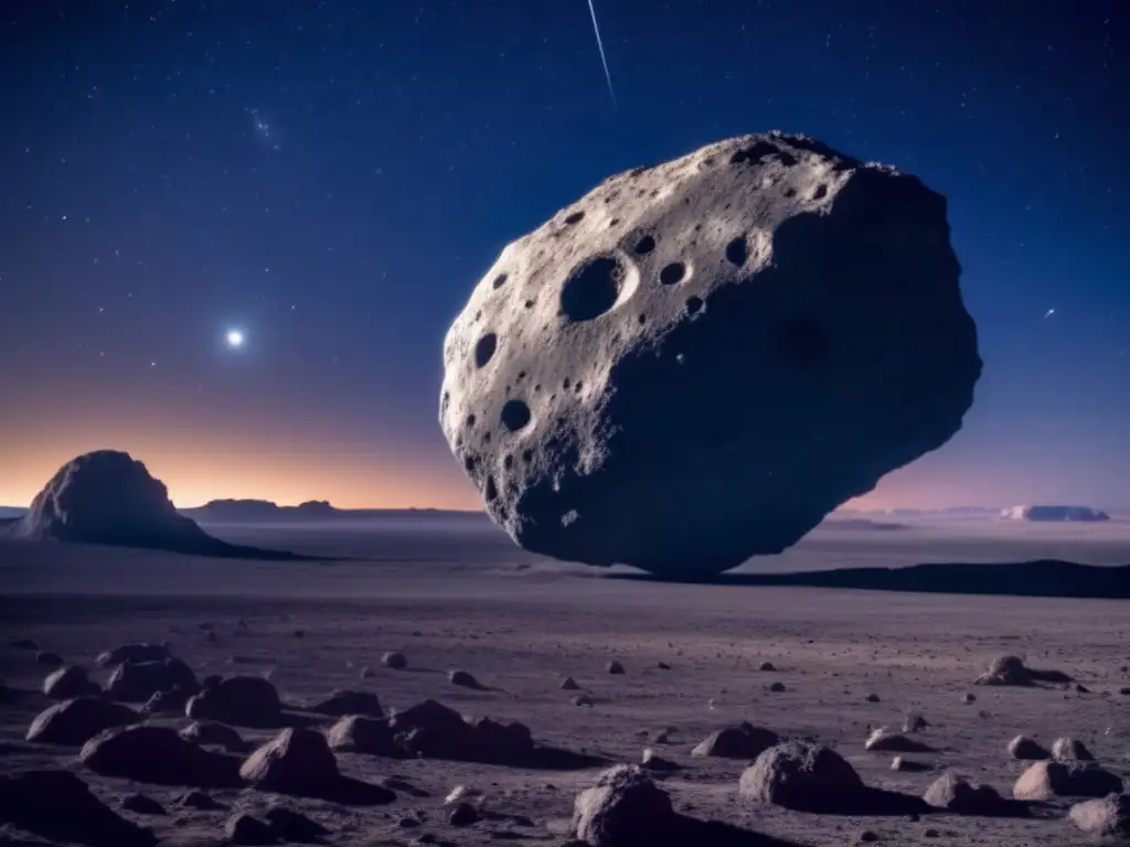An ominous, photorealistic image of a massive asteroid, with jagged edges and multiple craters looming in the background of a dark landscape