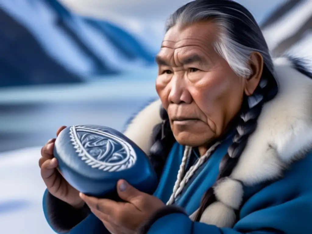 Stoic Elder with Sky Rock Carving in Arctic Landscape An intimate look at an Inuit elder's weathered face, holding a stone carving of a sky rock, steeped in ancient legends