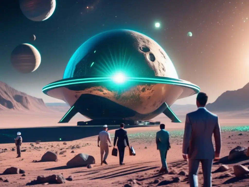 Investors and financial backers gathered on a barren, metallic spacecraft, admiring the stunning view of the solar system behind them