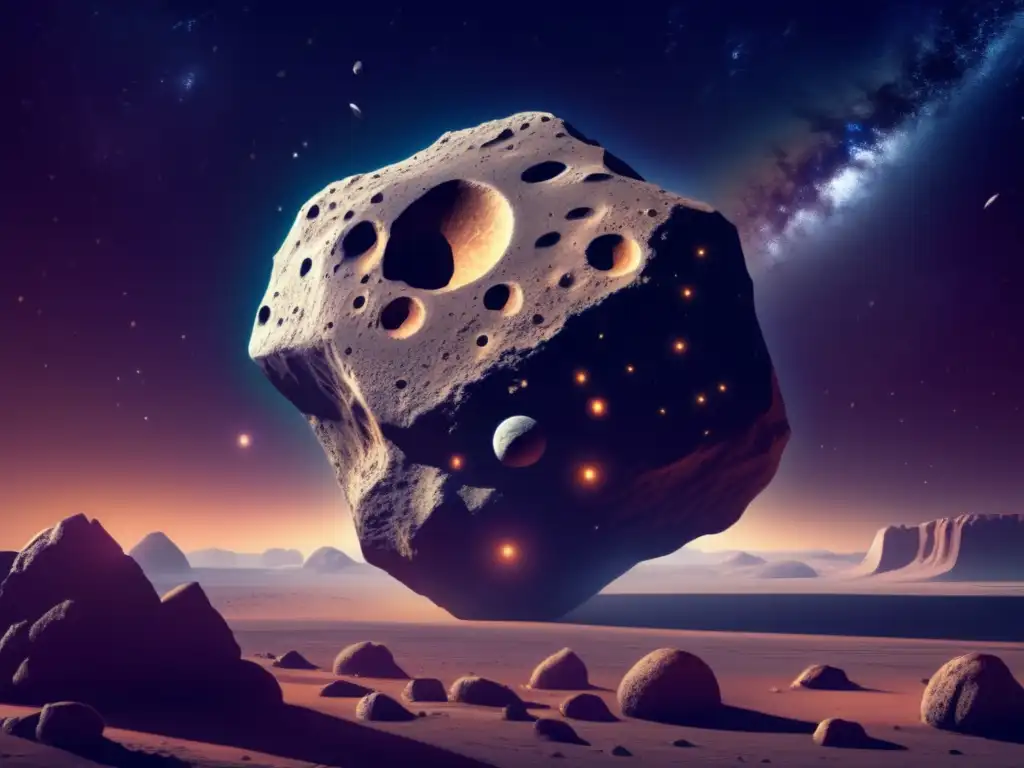 A stunning photorealistic illustration of a massive asteroid, Isolda, with intricate craters & jagged rocks