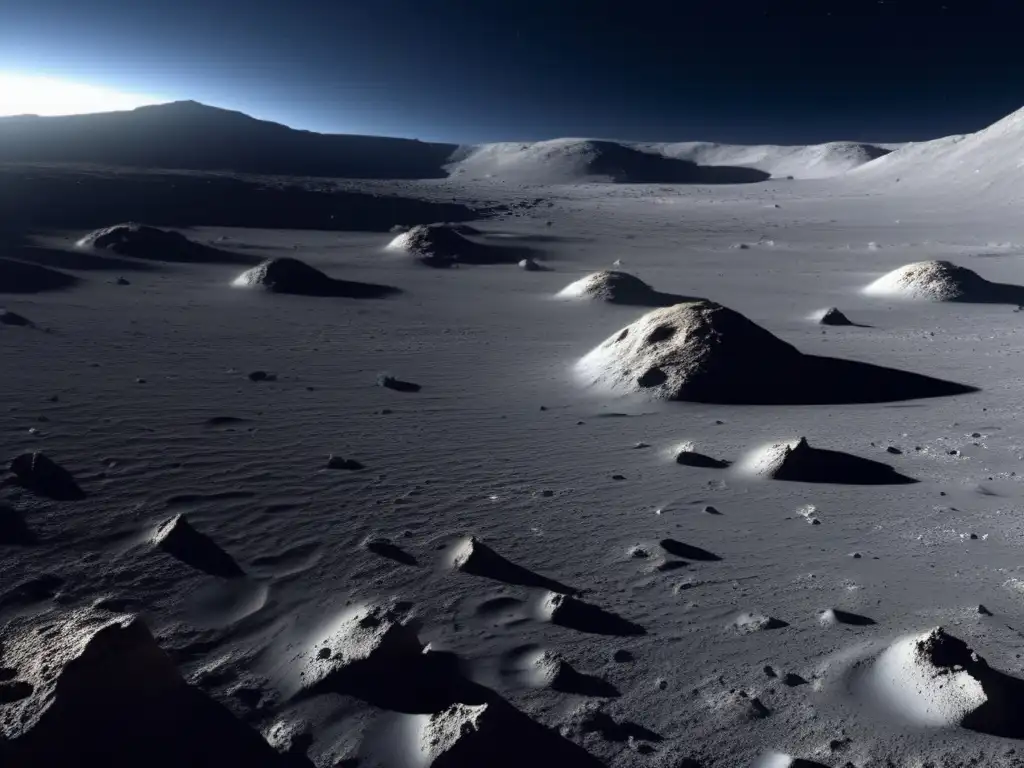 An isolated asteroid appears grey and barren, with deep craters and narrow valleys stretching out in all directions