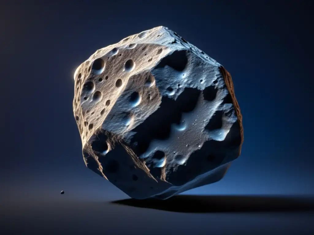 Stunning Closeup of Irregular Asteroid with Soft Lighting A stunning closeup of a tiny, rugged asteroid, illuminated from above and below, with intricate surface patterns and jagged edges, set against a deep blue-black backdrop