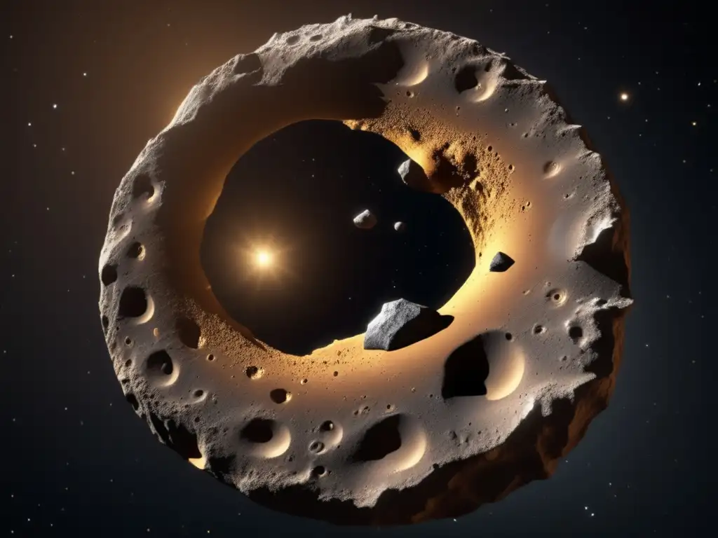 A breathtaking 8k image of a golden asteroid with jagged edges against a deep black space background