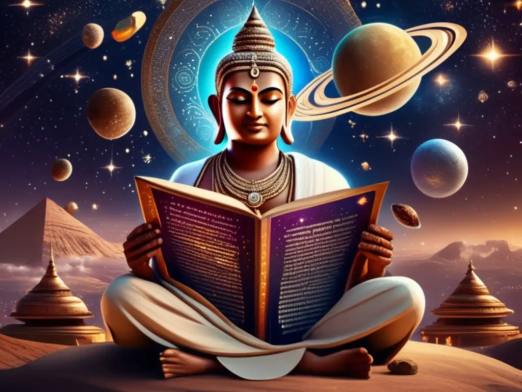 Jain deity, holding asteroid & sacred text amidst swirling galaxies & stars, surrounded by Jain symbols, in a photorealistic, organic style