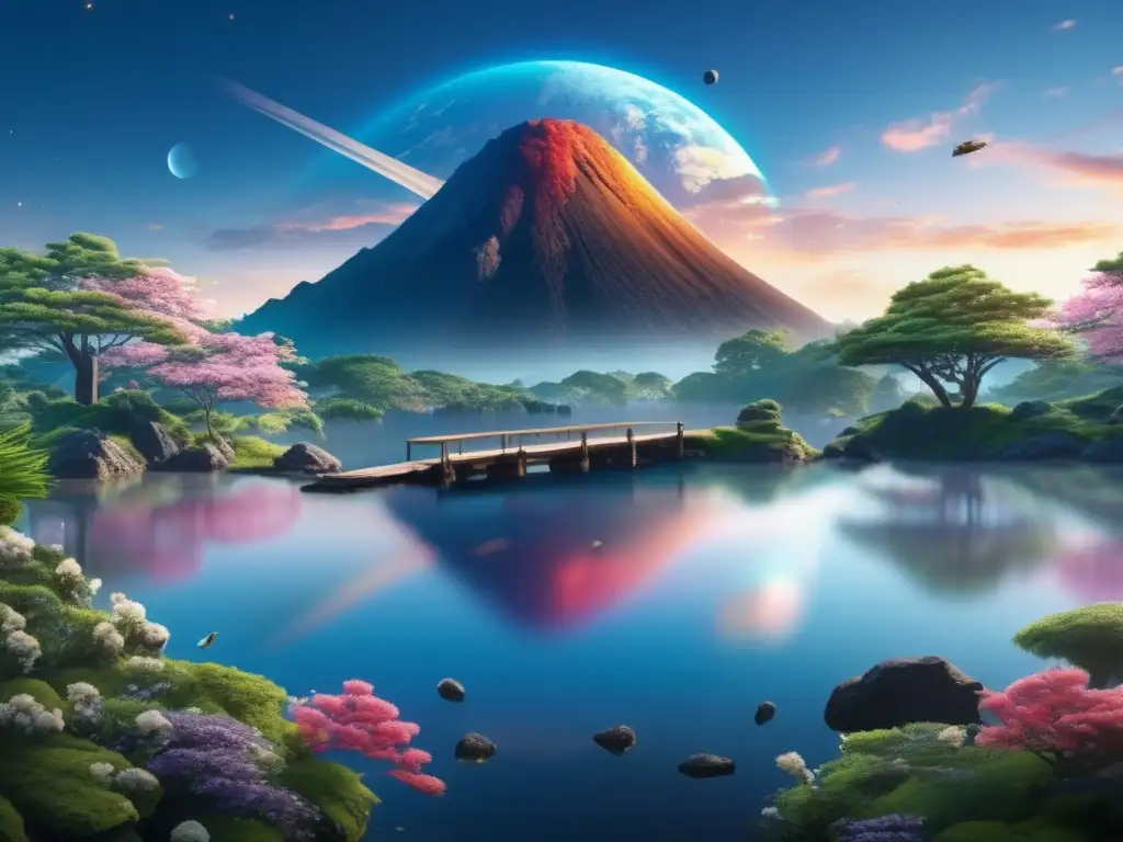 An exquisite, hyper-realistic depiction of an asteroid crater, adorned with native Japanese flora and fauna