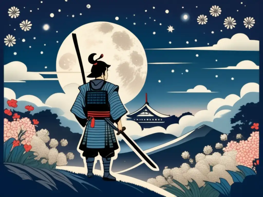 An ancient warrior stands amidst a field of flowers, gazing up at the night sky