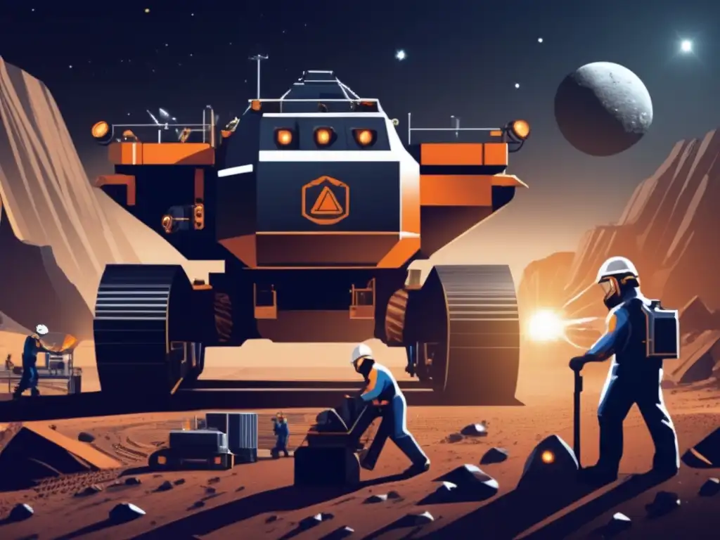 A crew of workers pose defiantly, operating complex machinery and equipment at an asteroid mining facility
