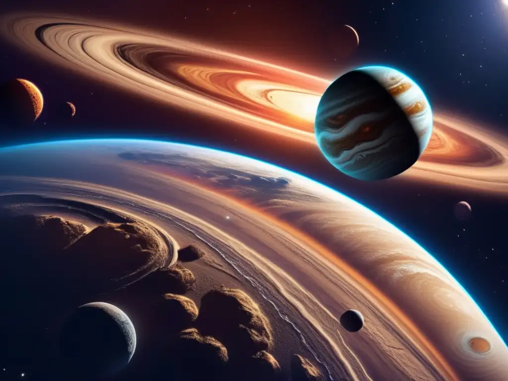 A striking image of a Jupiter-like planet orbits with an intricate asteroid in high relief