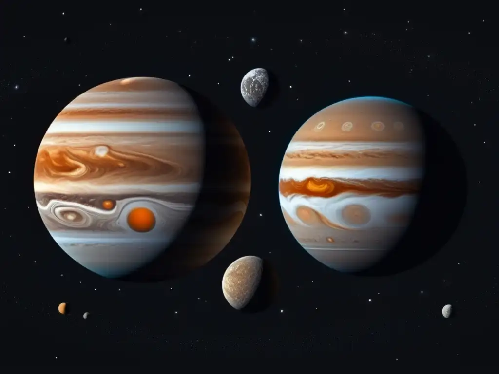 Jupiter's Moons Gaspra and Ida in Motion: A Detailed Look at their Craters and Stars A breathtaking panoramic view of Jupiter's moons Gaspra and Ida spinning in opposite directions against a black backdrop